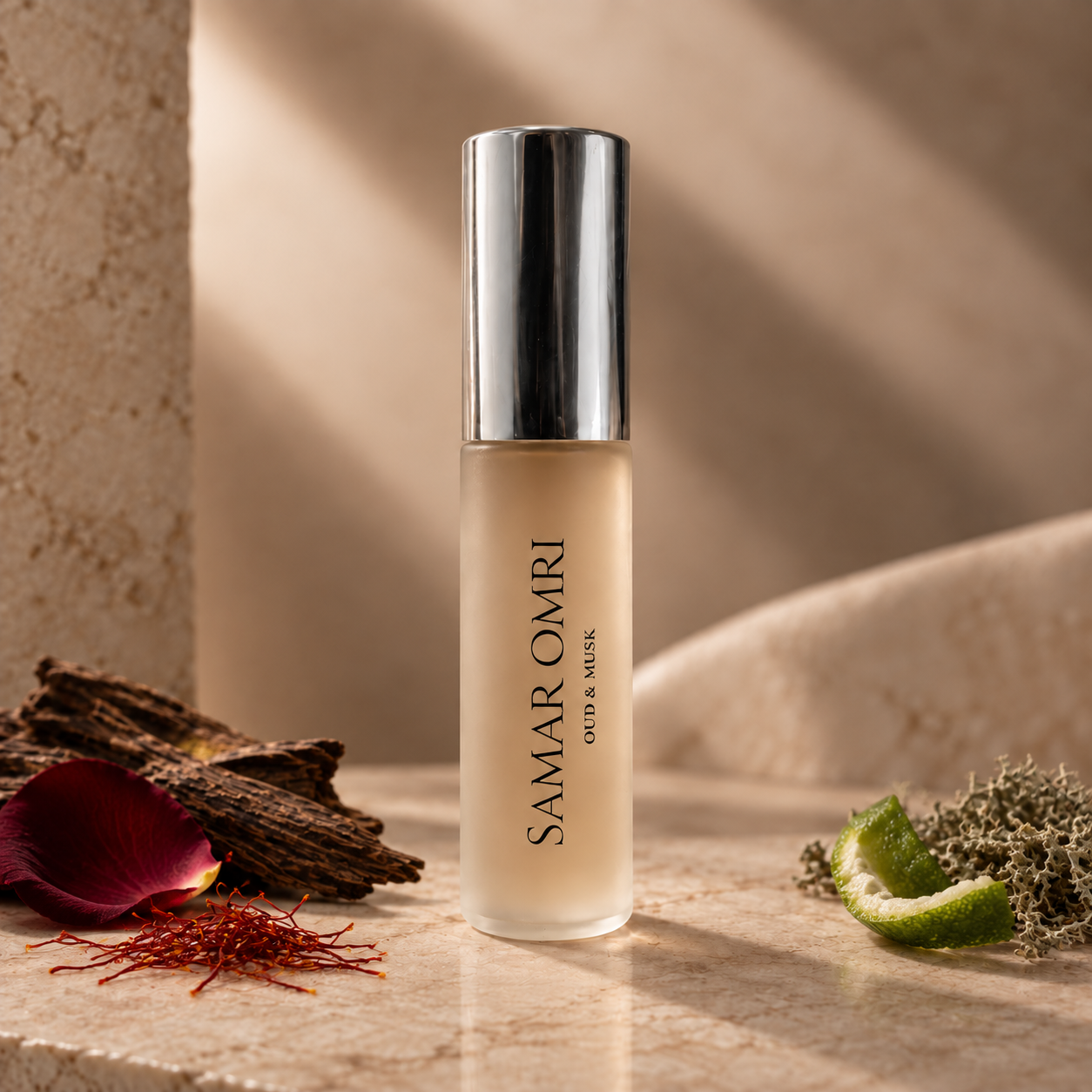 Samar Omri perfume oil in a minimal luxury setting